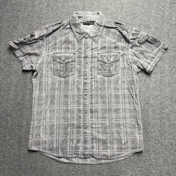 Affliction X Buckle Short Sleeve Button Down Shirt Men's XL Gray Skull Pockets - Picture 1 of 7